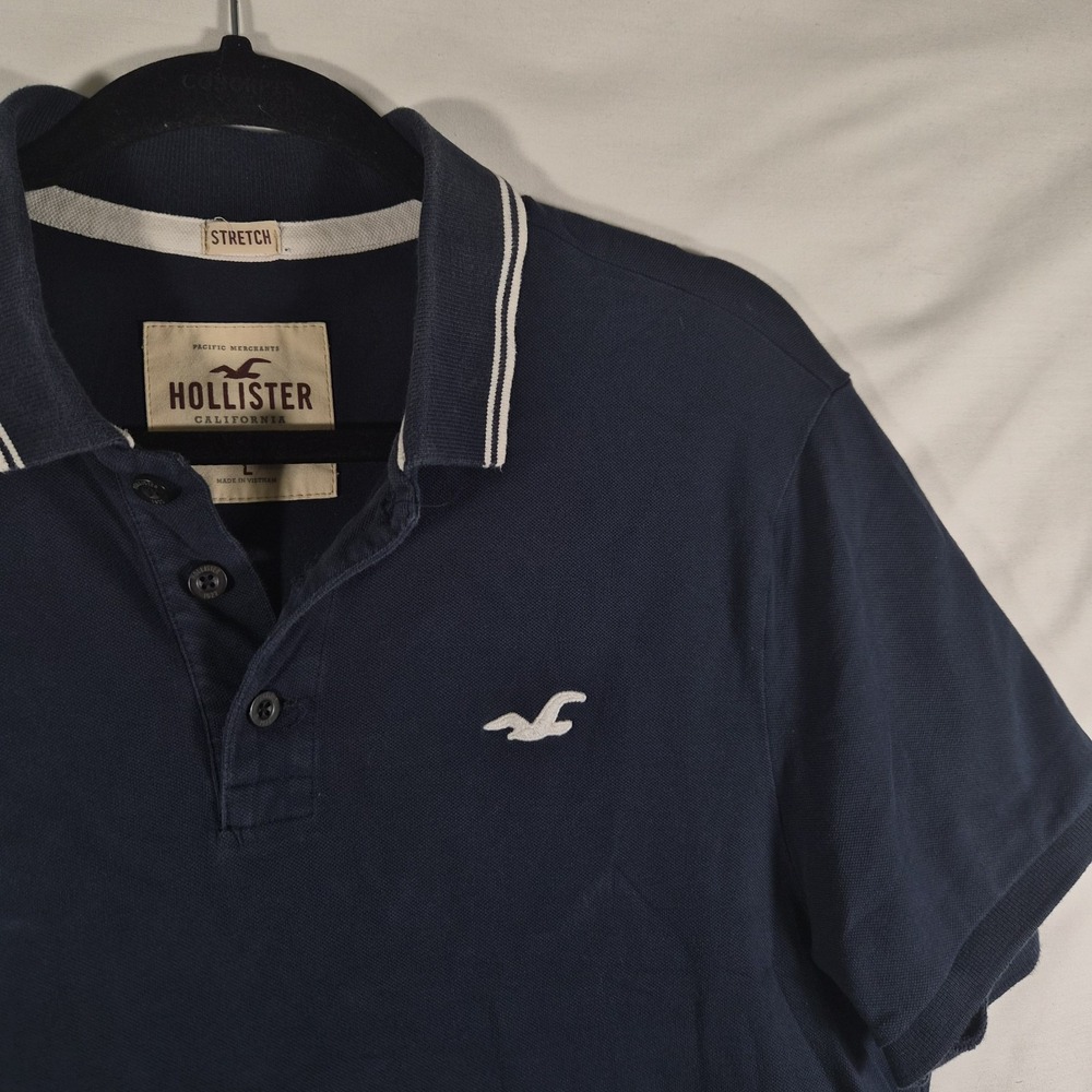 2000s Hollister Men's Large Y2k Navy Stretch Polo Shirt White Seagull Logo